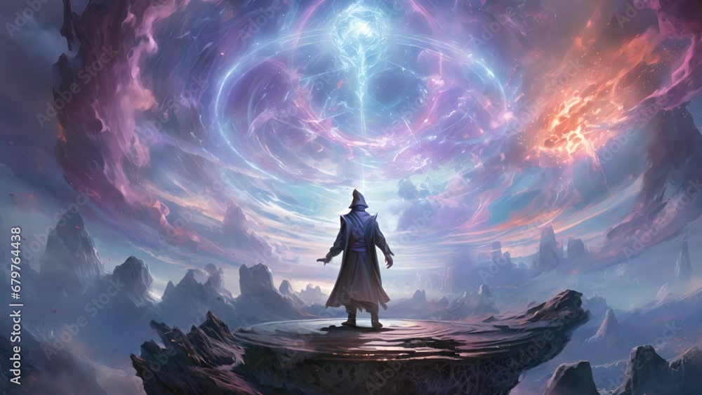 Poster a powerful sorcerer commands the arcane forces of the universe creating a swirling vortex as they wa