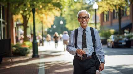 portrait handsome man university college teacher, scientist or educator. walks down the city street modern campus, outdoors.