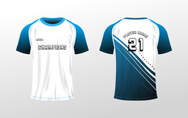 Sports T-shirt mockup. Flat, color, t-shirt template back and front view, player name mockup, number 21, sports t-shirt mockup. Vector icons