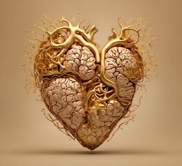 Human heart with golden veins on beige background, 3d illustrations