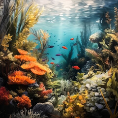 Fototapeta na wymiar Beautiful Underwater Watercolor Painting. Generated Image. A digital illustration of a beautiful oceanic underwater scene as a watercolor painting.