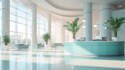 A Spacious Room with a Serene Blue Counter and Vibrant Potted Plants