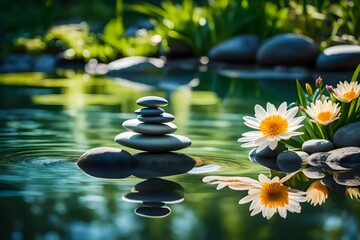 Obraz na płótnie Canvas A serene depiction of balance in nature, a tranquil pond reflecting a perfectly balanced arrangement of stones and flowers, soft sunlight creating a calm atmosphere