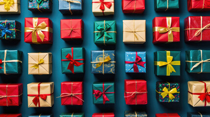 Colorful gift boxes on a blue background. Flat lay, top view. - obrazy, fototapety, plakaty