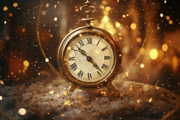 Fototapeta na wymiar Countdown clock on abstract glittering golden background. Gold watch. Xmas night, celebrate time countdown. Festive Christmas and New year concept. Party invitation card or banner with copy space