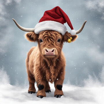 Naklejki graphics  brown cow in Santa's hat christmas graphics