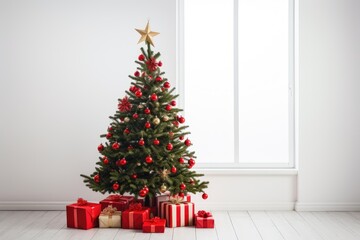 Decorated Christmas tree with gift boxes in white empty room. Winter scandinavian minimalistic home interior. Holiday background with copy space