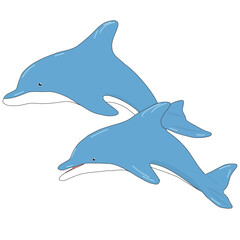 Obraz premium Two blue cartoon dolphins jumping and playing together on transparent background