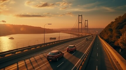Cars driving along the highway scenery near the Bosporus bridge at sunset A automobile is driving down the street. Nature scenery on a city beach Summer road trip vacation.