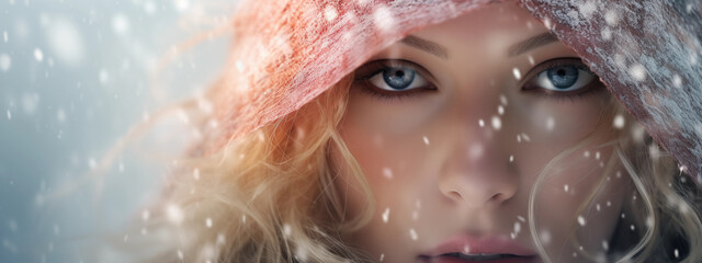 Portrait of a woman in falling snow
