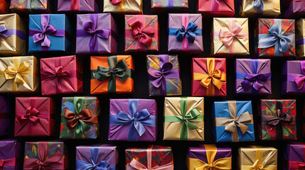 Colorful gift boxes with ribbons and bows on black background.