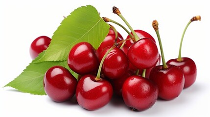 Fresh cherry with stems and leaves, isolated on white background with clipping path, berry collection.