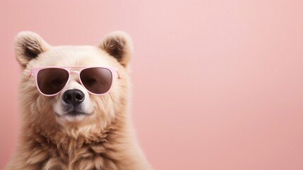 Cute bear wearing sunglasses on pink background, space for text.