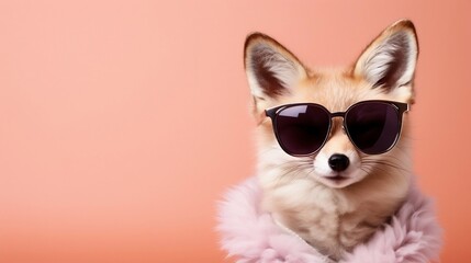 Fashion portrait of a fox with sunglasses on a pink background.