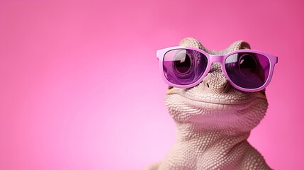 Funny gecko wearing purple sunglasses on pink background with copy space