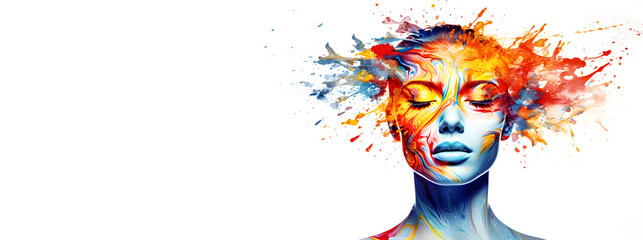 Mental health and creative abstract concept, Colorful illustration of happy women head in paint splatter style on white background