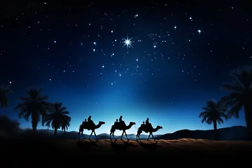 Foto op Plexiglas Silhouette of the three wise men traveling on camels to Bethlehem for the birth of baby Jesus © ink drop