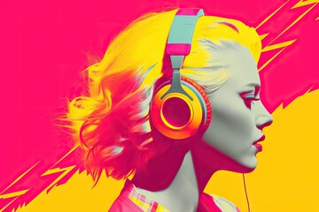 Сheerful energy stylish young woman in massive headphones listen music on pink background with lightning. Girl listening podcast, playlist, modern track. 80s 90s club party concept with copy space - obrazy, fototapety, plakaty