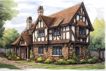 Tudor Style House (Cartoon Colored Pencil) - Originated in England in the 16th century, characterized by half-timbering, steeply pitched roofs, and decorative chimneys - obrazy, fototapety, plakaty