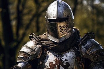 Knight in shining armor, raising a sword 