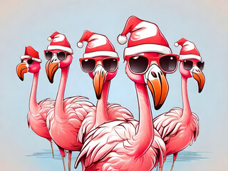 Flock of flamingos with sunglasses and Christmas hats.