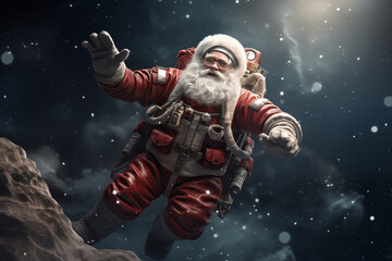 Santa Claus in space suit floating in space outside spaceship, moon background Christmas funny illustration