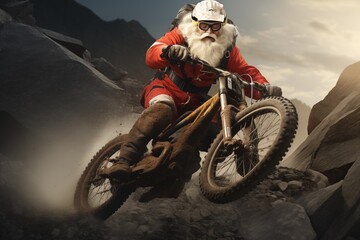 Santa Claus is mountain biking down a challenging trail, his nimble reindeer keeping pace alongside him Christmas funny illustration