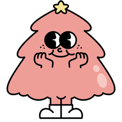 Pink Christmas tree in trendy retro cartoon doodle style. Cute Groovy hippie 70s aesthetic for Merry Christmas and Happy New year greeting card, poster, party invitation. 