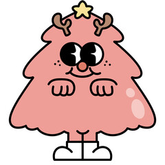 Pink Christmas tree reindeer retro cartoon doodle style. Cute Groovy hippie 70s aesthetic for Merry Christmas and Happy New year greeting card, poster, party invitation. 