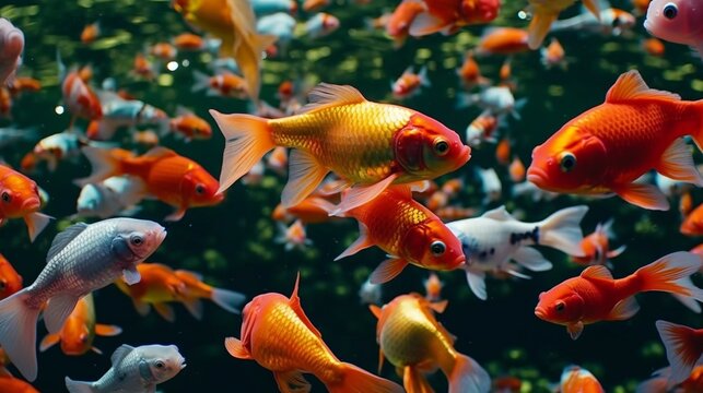 3d goldfish tank beautiful fancy gold fishlots of fish.Generative AI