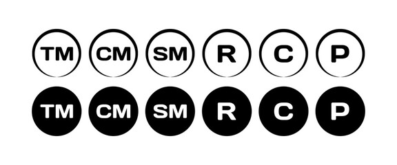 Tm, Cm, Sm, R, C, P icons. Silhouette, black, Tm, Cm, Sm, R, C, P icons. Vector icons