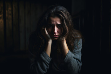 Lonely young woman feeling depressed and stressed sitting head in hands in the dark room