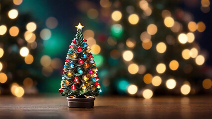 Miniature Christmas tree with beautiful bokeh of Christmas lights