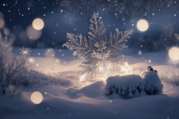 Christmas snowflake with snow and bokeh lights. Winter background.