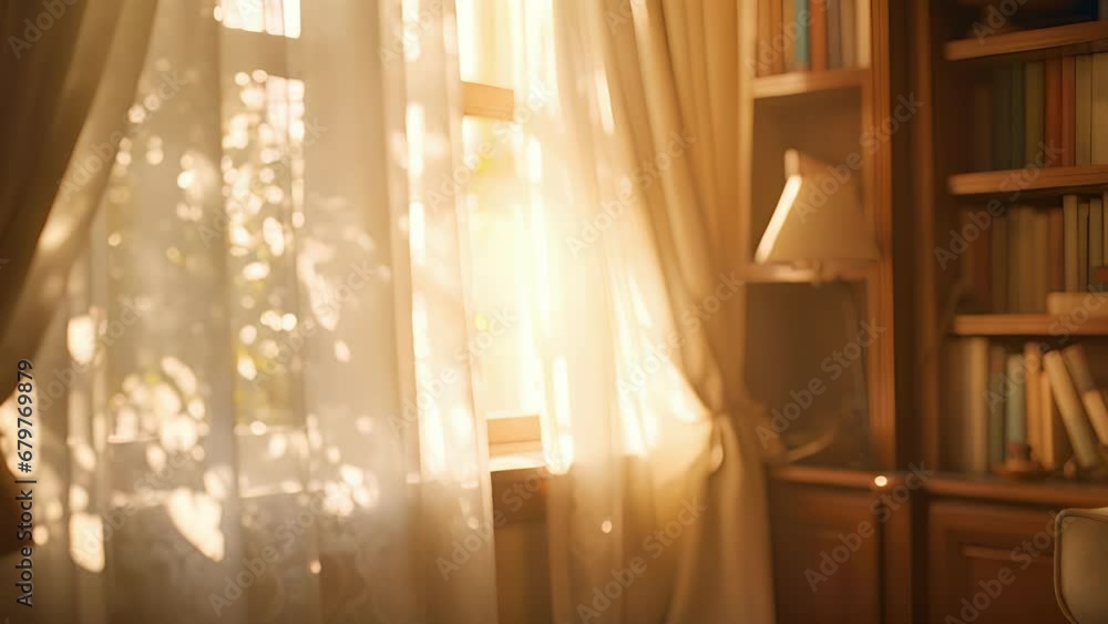 Poster a peaceful scene featuring a study nook in a library, with soft morning light filtering through a de
