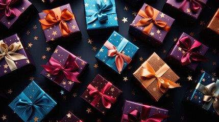 Gift boxes with bows on black background. Flat lay, top view. - obrazy, fototapety, plakaty