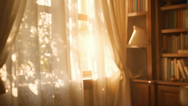 A peaceful scene featuring a study nook in a library, with soft morning light filtering through a delicate curtain. The intricate shadows cast by the window frame and the gentle swaying