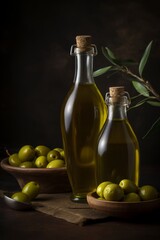 Bottle of natural extra virgin olive oil and green olives with leaves branch