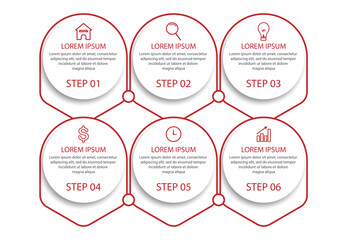 Simple Business Infographic design, vector
template with colorful lines, icons, numbers and
6 choices or steps. Can be used for process diagrams,
presentations, workflow layouts, banners, flowcharts