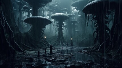 a dark forest in a rain storm H.R.Giger style.Generative AI - obrazy, fototapety, plakaty
