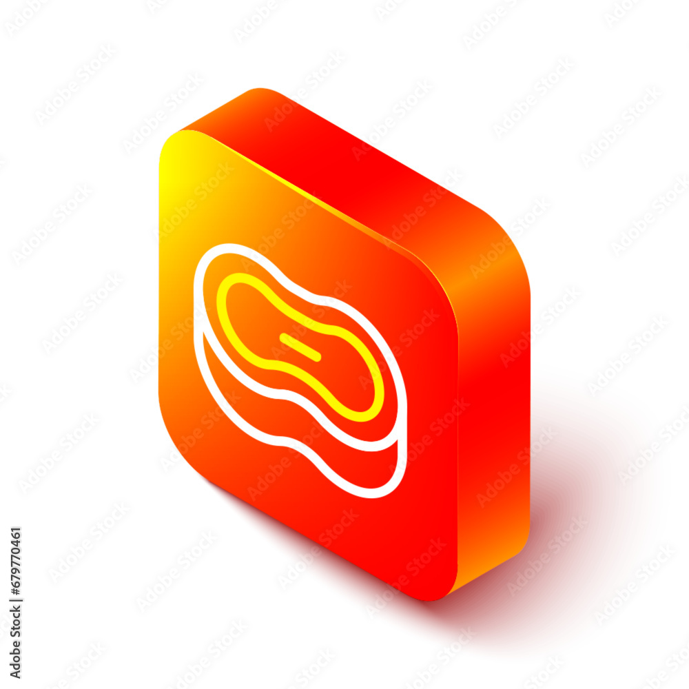 Poster isometric line bar of soap icon isolated on white background. soap bar with bubbles. orange square b