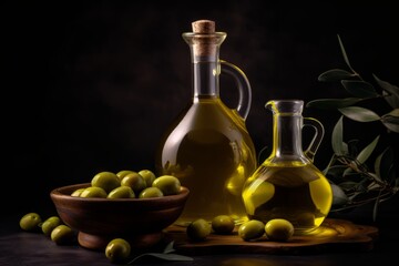 Obraz na płótnie Canvas Bottle of natural extra virgin olive oil and green olives with leaves branch