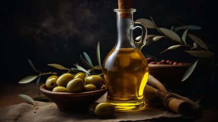 Bottle of natural extra virgin olive oil and green olives with leaves branch