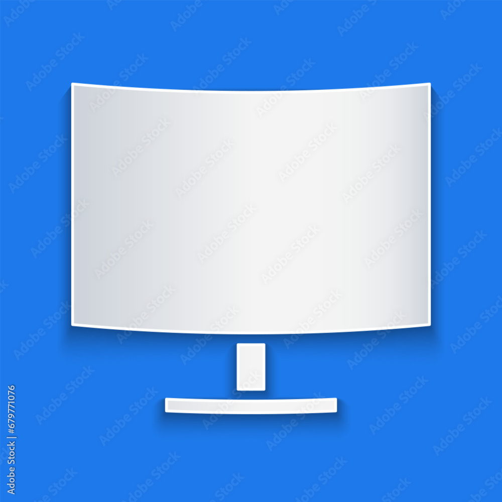 Poster paper cut computer monitor screen icon isolated on blue background. electronic device. front view. p