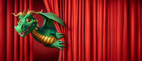 cheerful green dragon peeking out from behind the red curtain of the theater wings. Symbol of 2024 according to eastern calendar.