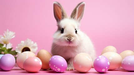 Naklejka na ściany i meble Cute rabbit and colorful Easter eggs on a pink background. Generative AI