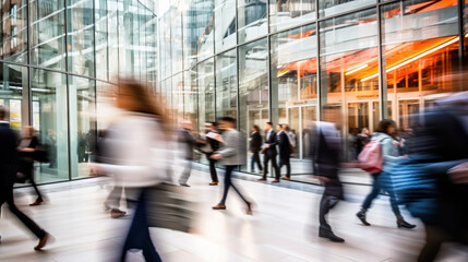 People walking in front of large modern office building  background