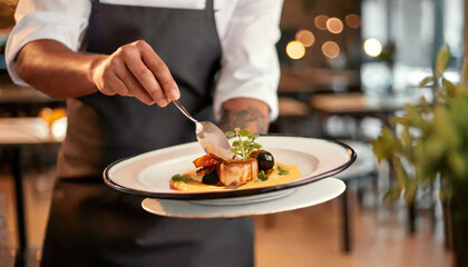 Obraz na płótnie Canvas Modern food stylist decorating meals for presentation in restaurants. Generative AI.