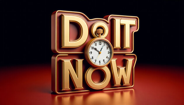 Golden 3D Motivational Phrase 'Do It Now' With Elegant Clock on Red, Time Management Concept