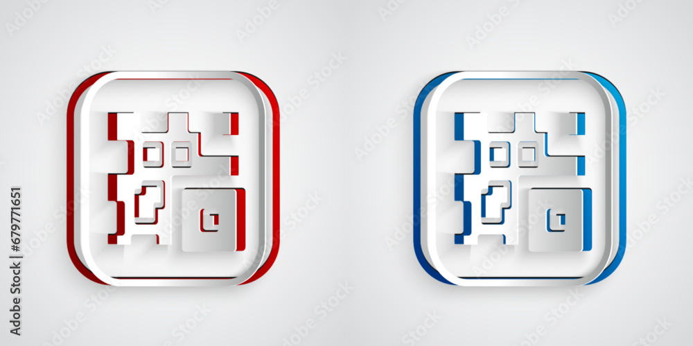 Poster paper cut qr code sample for smartphone scanning icon isolated on grey background. paper art style. 